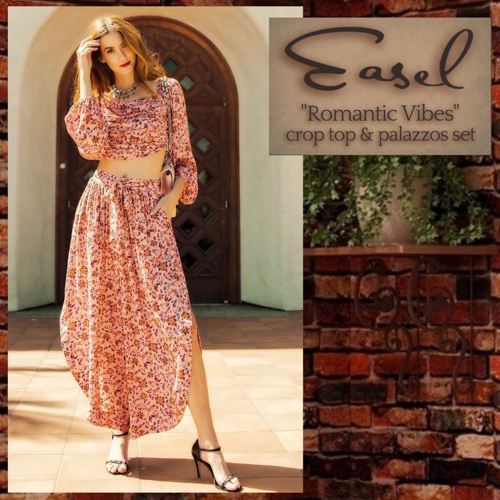 EASEL Romantic Vibes" Smocked Crop Top & Split Leg Tie Waist Palazzos